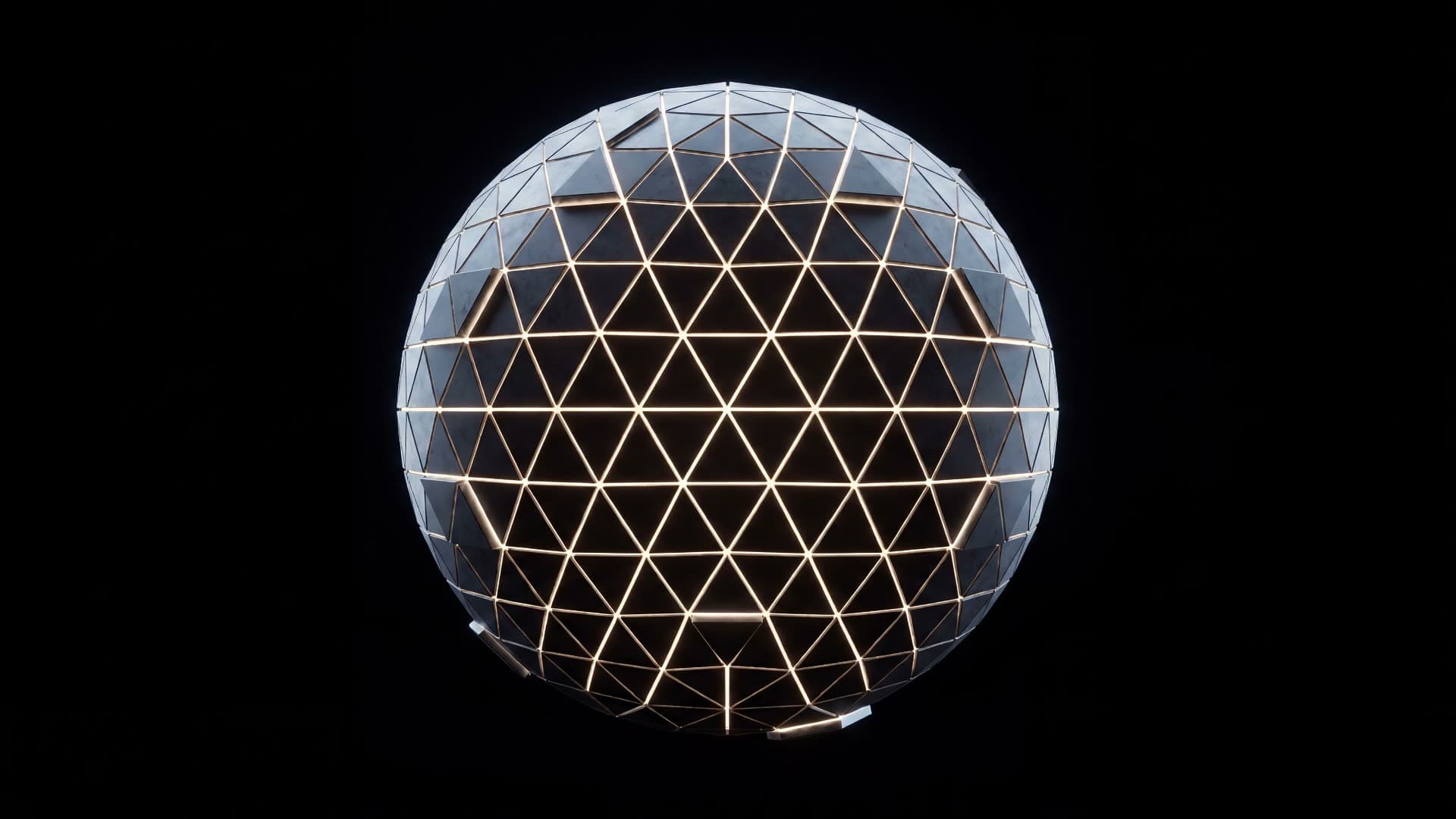 A vast spherical venue floating alone in black space, its dark graphite shell tessellated into thousands of triangular panels with warm white light escaping every seam.