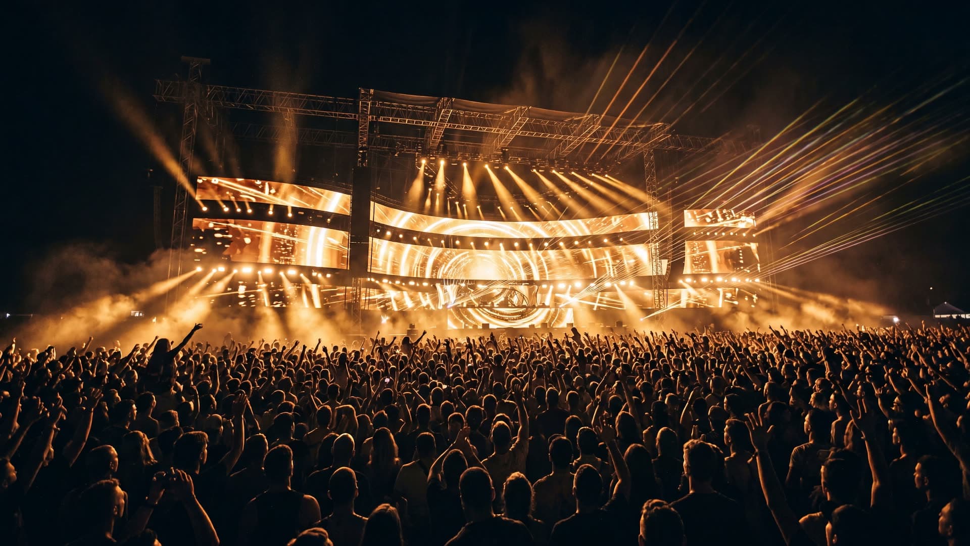 A vast night crowd at a music festival seen from above head height, thousands of silhouetted figures facing a colossal stage whose curved LED wall and beam lights fill the sky with amber.
