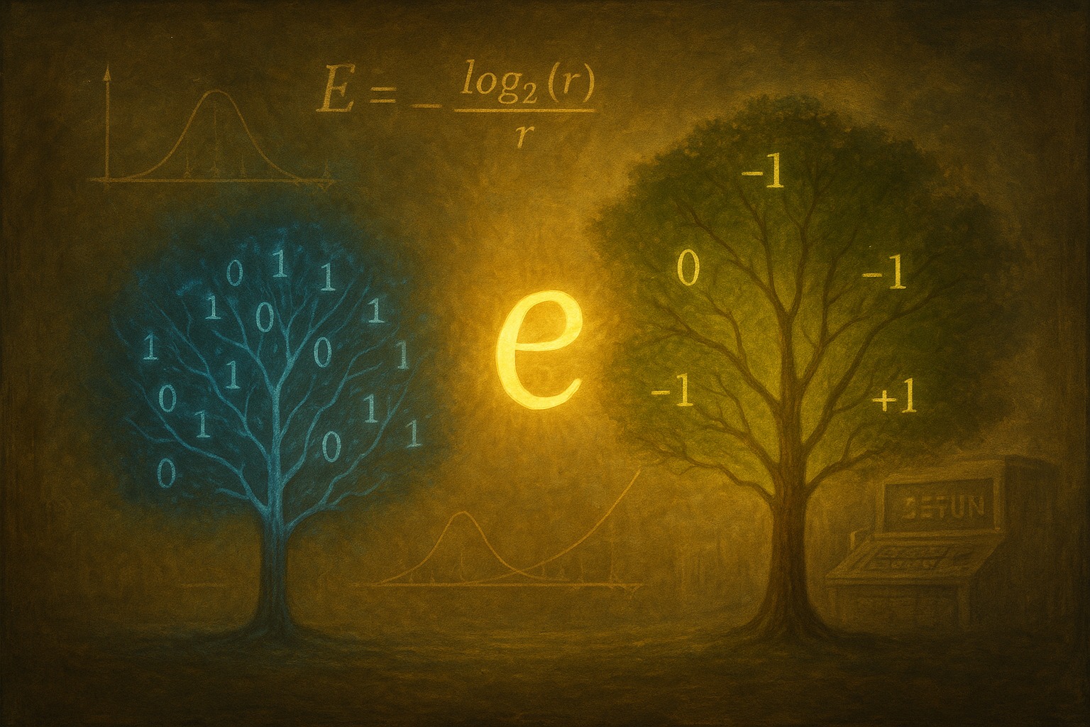 Euler's number e between binary (0/1) and balanced ternary (-1, 0, +1) trees, illustrating efficiency E = log2(r)/r and why ternary is closest to the optimal base e