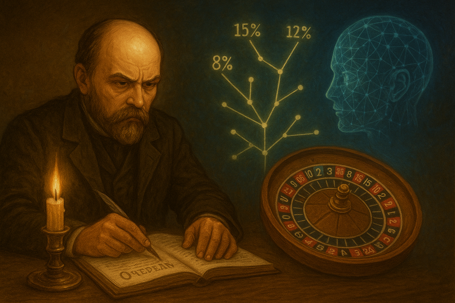 Roulette wheel with probability tree and neural wireframe