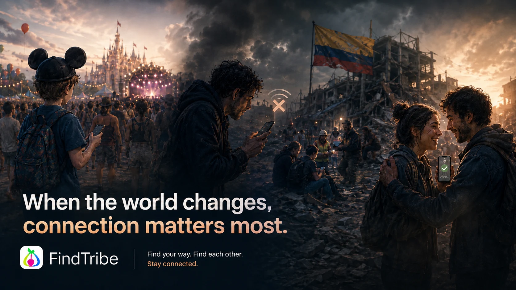 A cinematic split scene moves from a crowded music festival into earthquake damage in Colombia, ending with two people reconnecting through FindTribe.