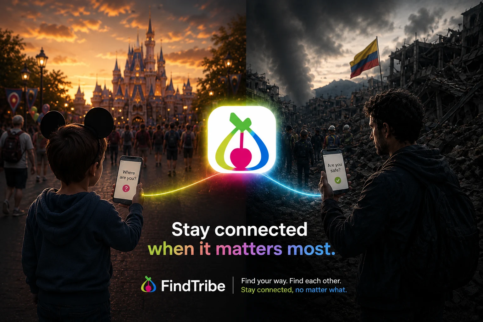 FindTribe connects a child navigating a crowded theme park with a man checking on loved ones after an earthquake in Colombia.