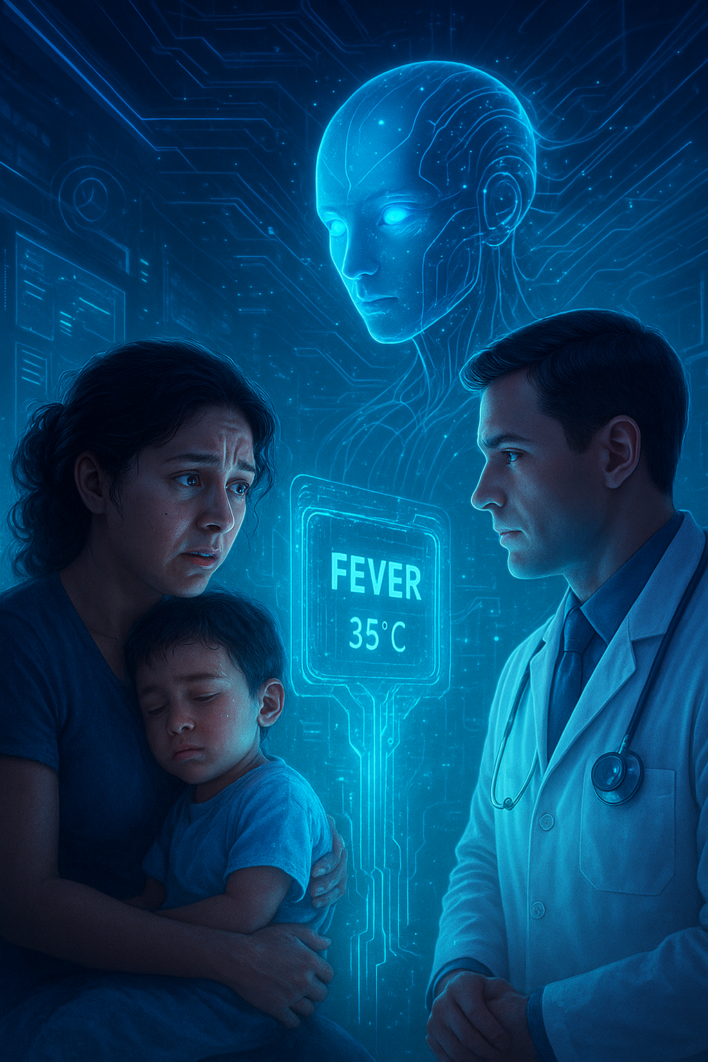 Spanish-speaking mother saying 'Mi hijo tiene fiebre' while a doctor shows a tablet translating to 'My son has a fever' — AI translation bridging language barriers in healthcare