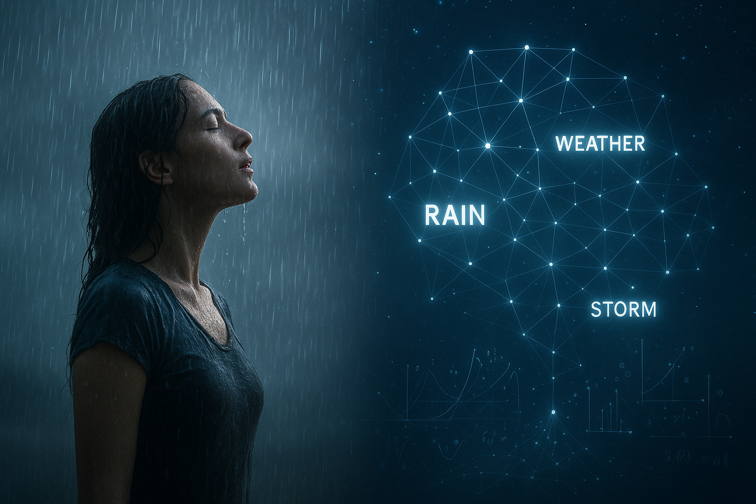 Woman in rain next to a network graph connecting concepts like rain, weather, storm