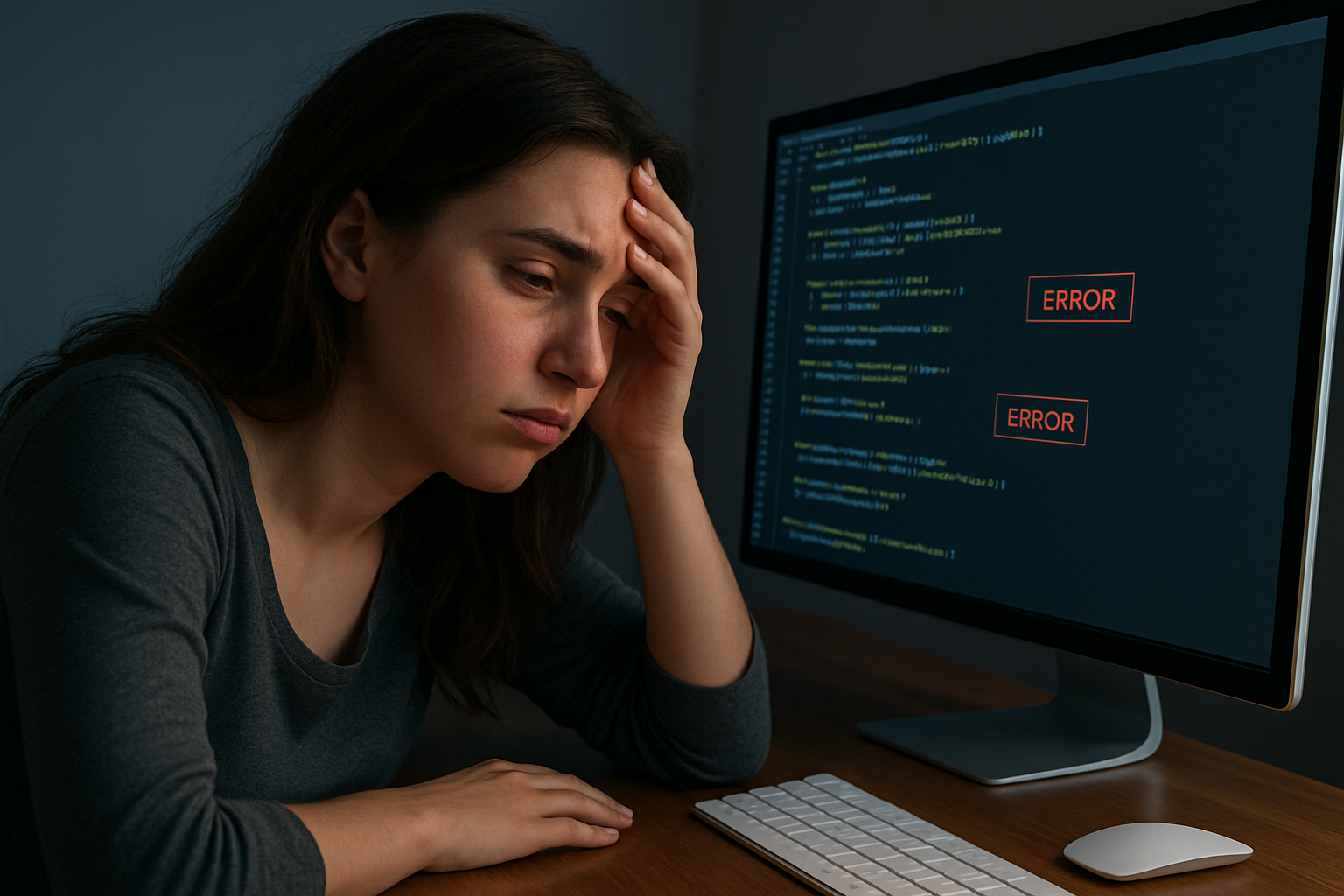 Exhausted developer at 2 AM with bloodshot eyes staring at code that looks like hieroglyphics