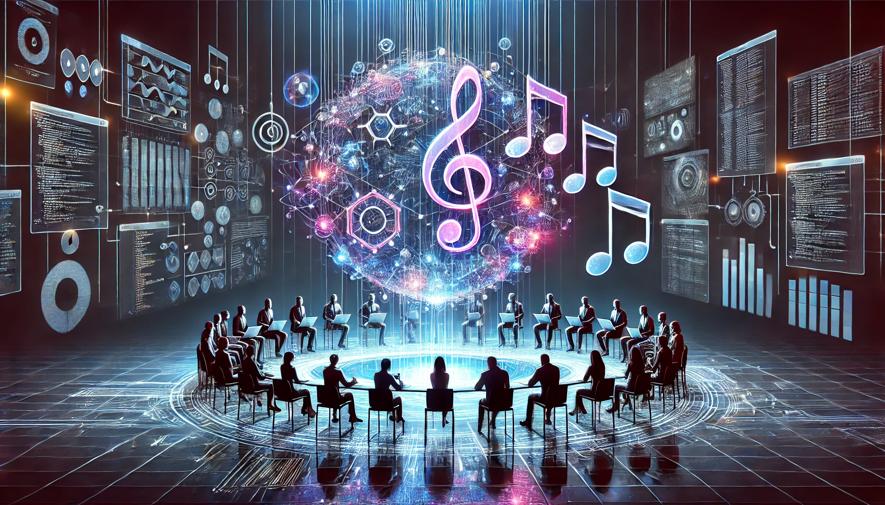 Digital visualization of software engineers collaborating in a futuristic amphitheater with glowing treble clef symbol representing the harmony of teamwork