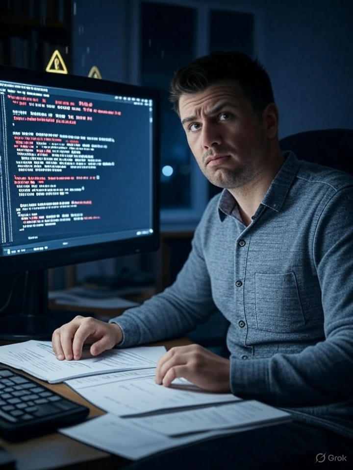 Warning sign over tangled codebase, symbolizing AI vibe coding risks